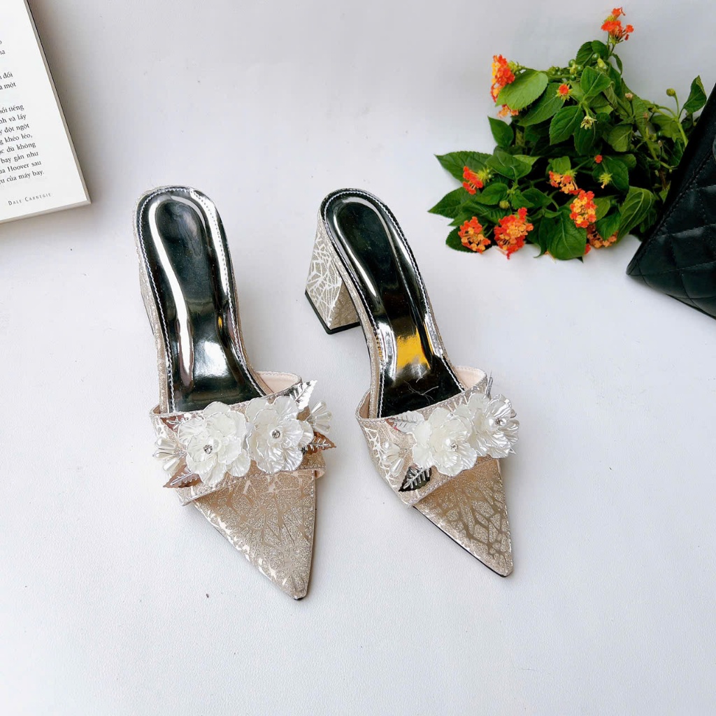 H19 - Giày cao gót hở mũi nơ Hoa Trà, gót 3cm-7cm