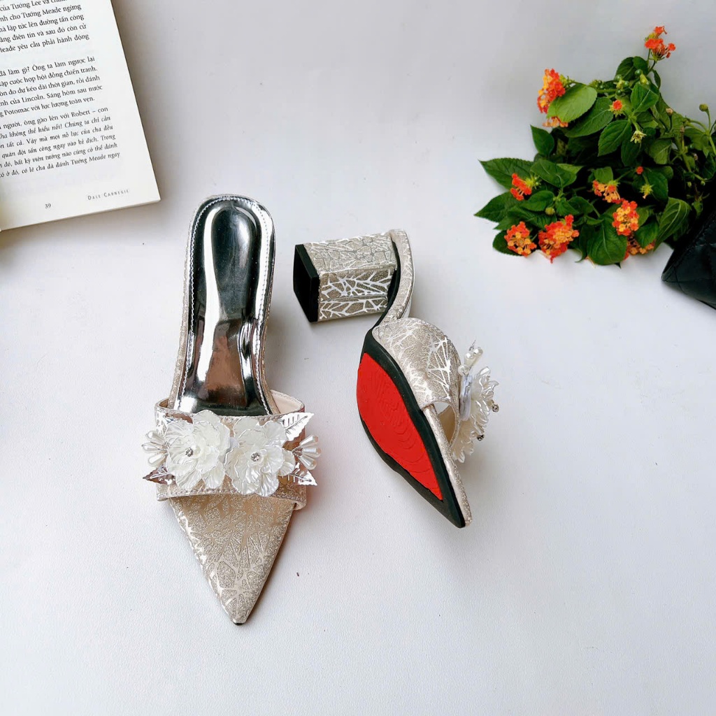 H19 - Giày cao gót hở mũi nơ Hoa Trà, gót 3cm-7cm