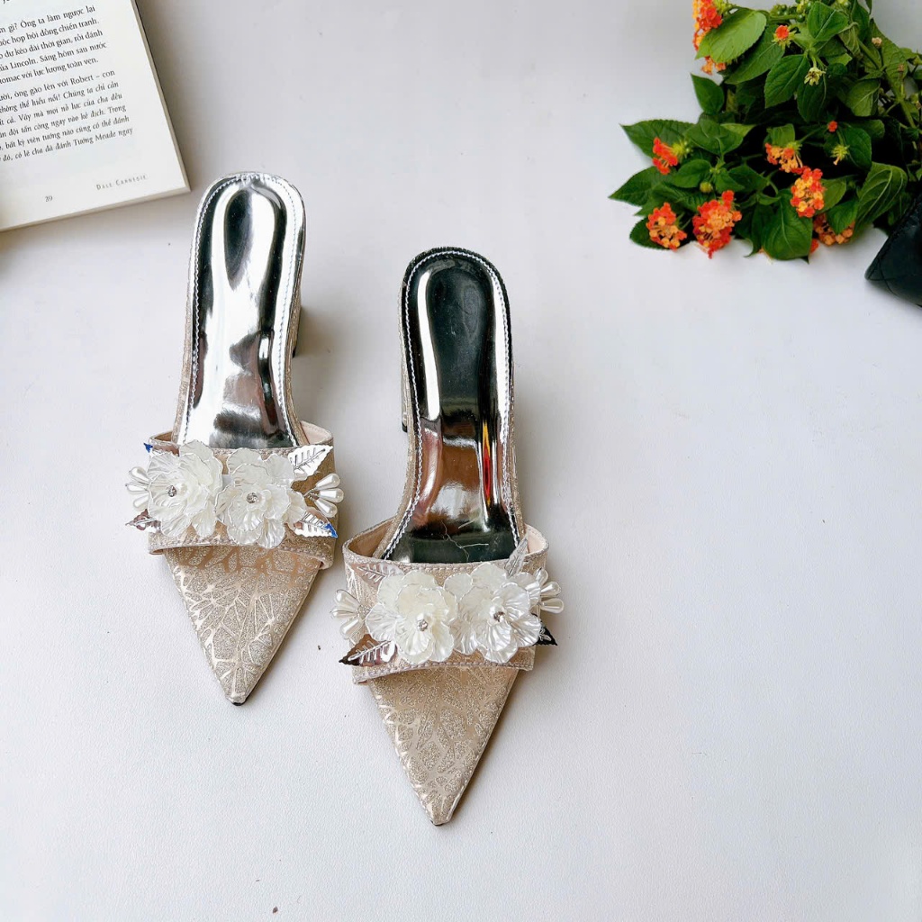 H19 - Giày cao gót hở mũi nơ Hoa Trà, gót 3cm-7cm