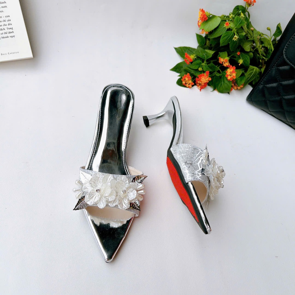 H19 - Giày cao gót hở mũi nơ Hoa Trà, gót 3cm-7cm