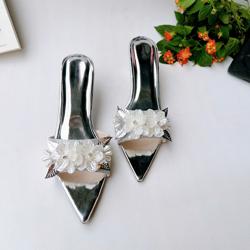 H19 - Giày cao gót hở mũi nơ Hoa Trà, gót 3cm-7cm
