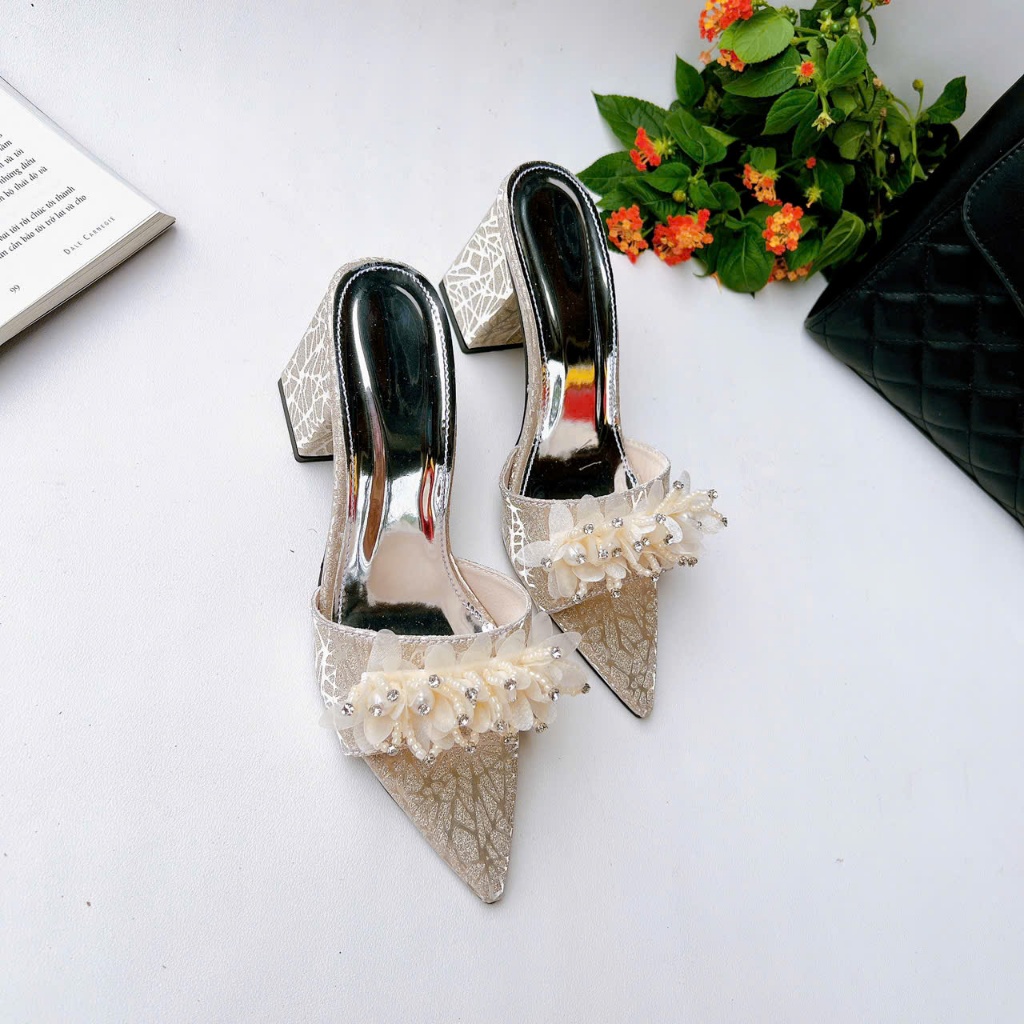 H19 - Giày cao gót hở mũi nơ Voan Ngọc, gót 3cm-7cm