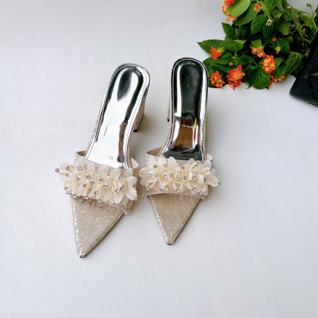 H19 - Giày cao gót hở mũi nơ Voan Ngọc, gót 3cm-7cm