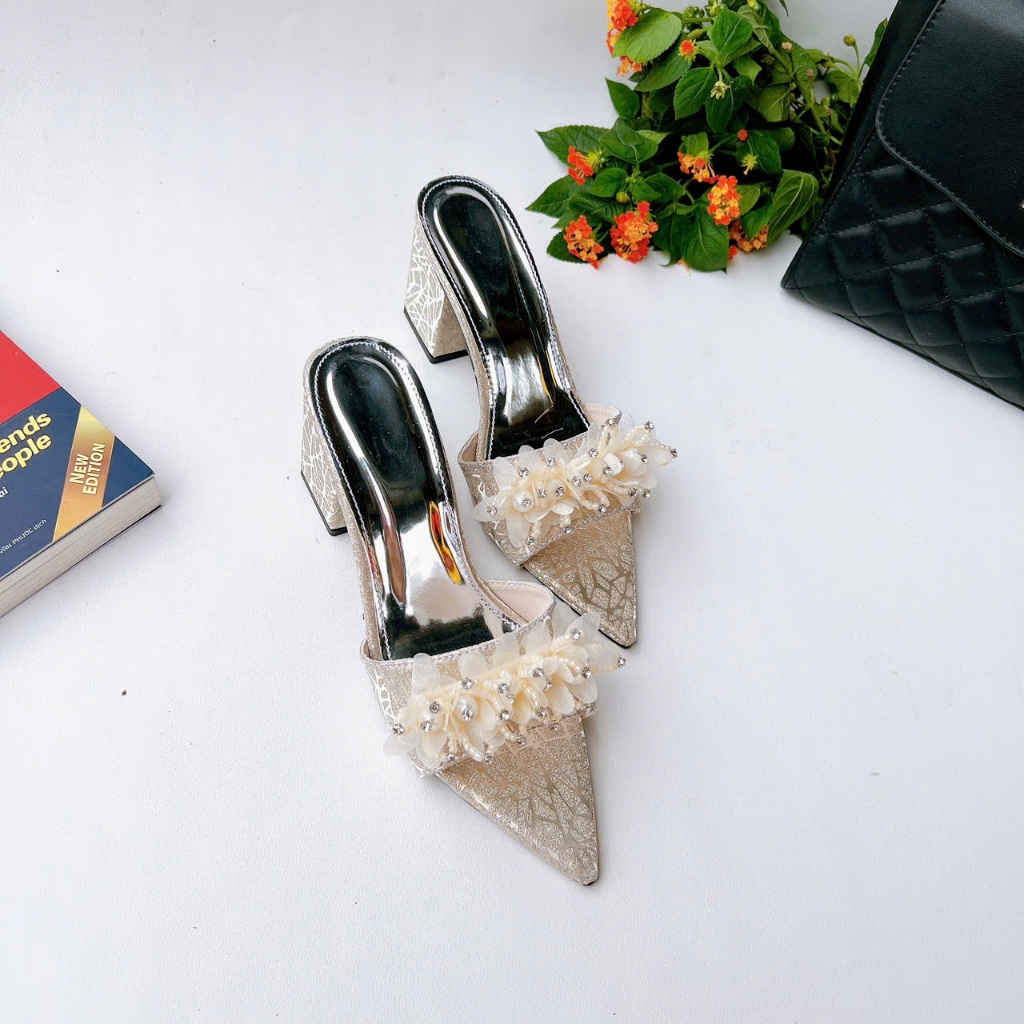H19 - Giày cao gót hở mũi nơ Voan Ngọc, gót 3cm-7cm
