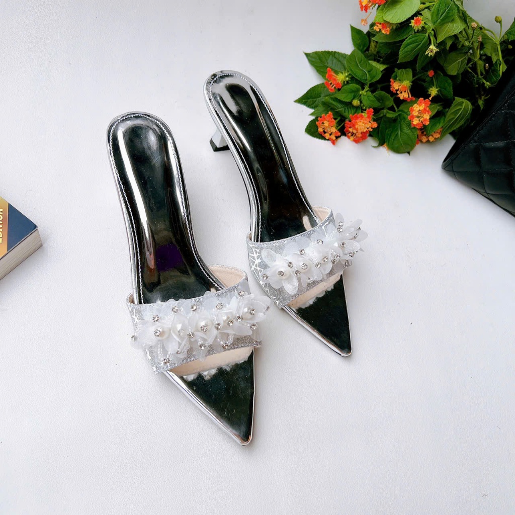 H19 - Giày cao gót hở mũi nơ Voan Ngọc, gót 3cm-7cm
