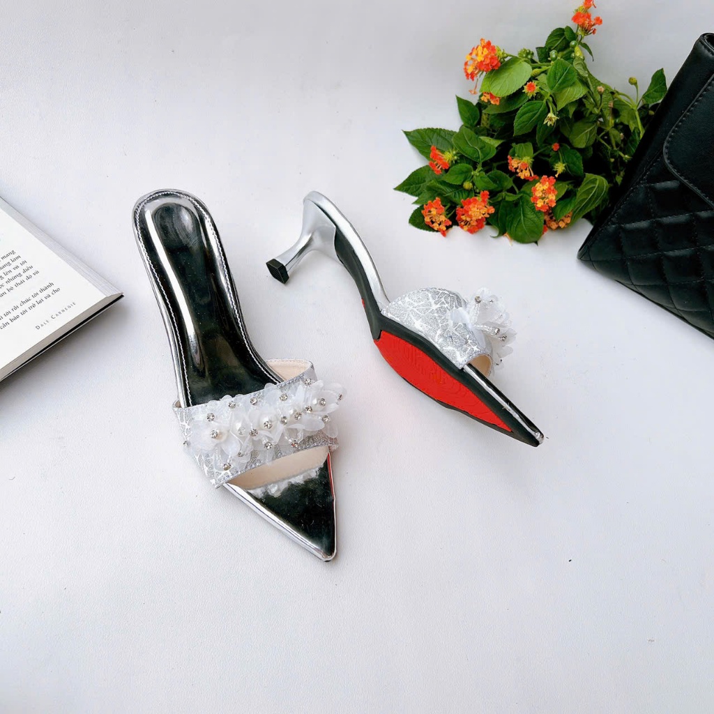 H19 - Giày cao gót hở mũi nơ Voan Ngọc, gót 3cm-7cm