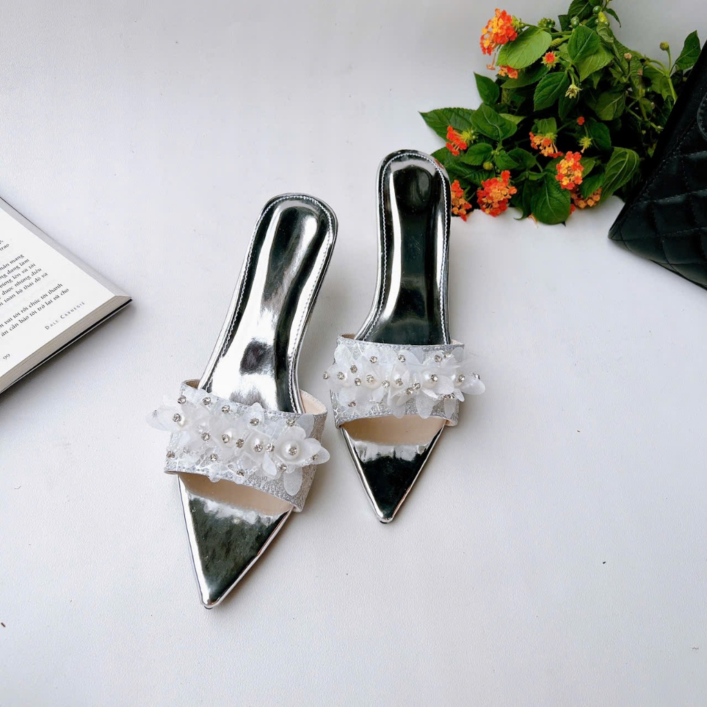 H19 - Giày cao gót hở mũi nơ Voan Ngọc, gót 3cm-7cm