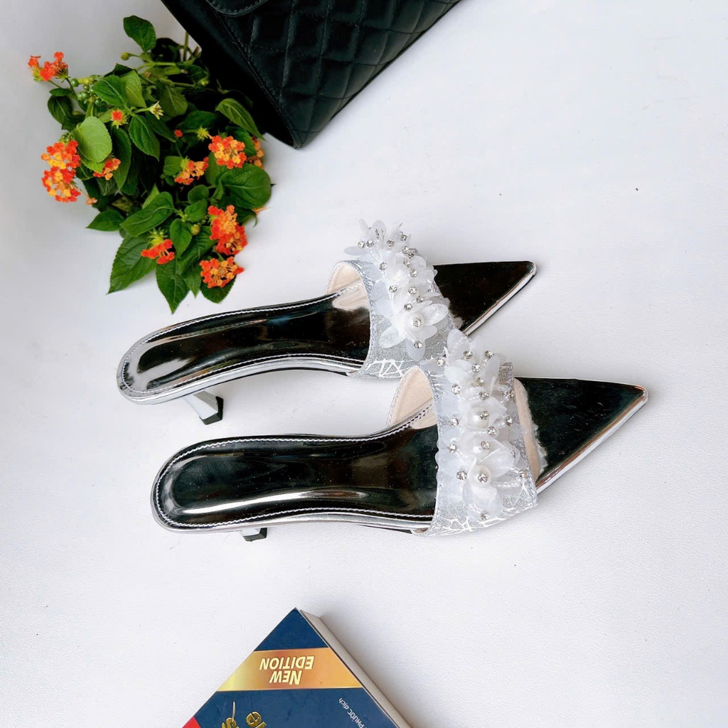 H19 - Giày cao gót hở mũi nơ Voan Ngọc, gót 3cm-7cm
