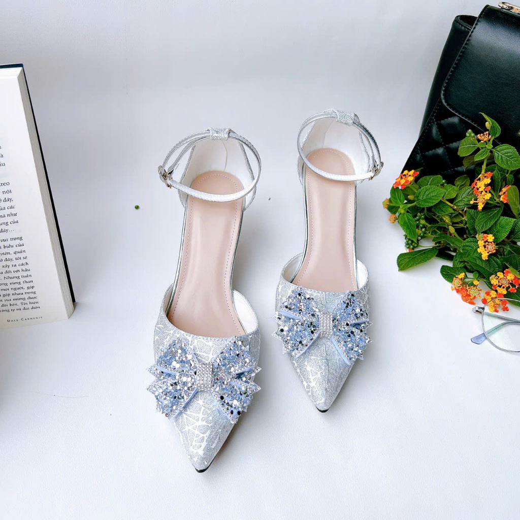 HB11- Giày cao gót hậu bít, nơ kim sa, size 35-40, gót 3-7cm