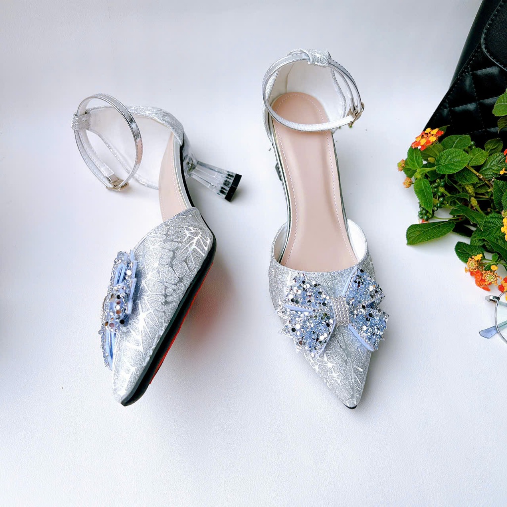 HB11- Giày cao gót hậu bít, nơ kim sa, size 35-40, gót 3-7cm