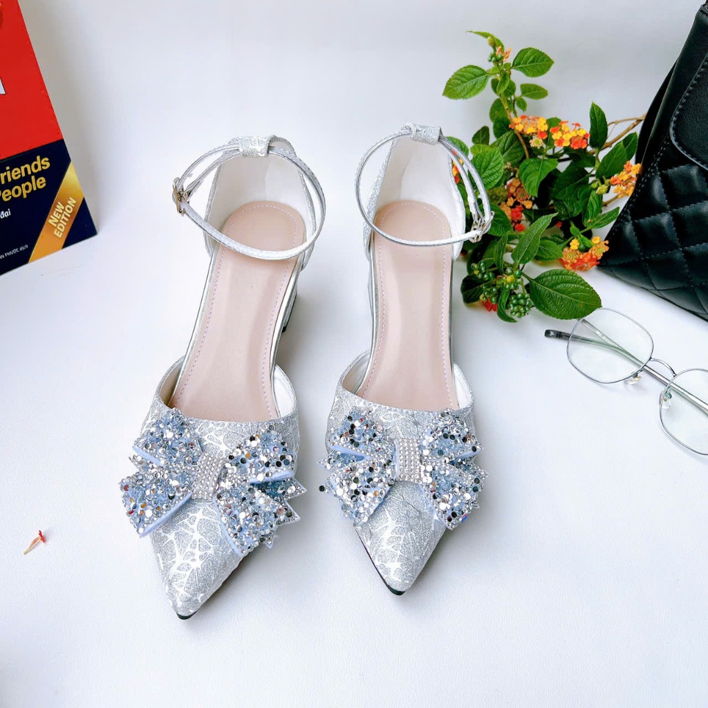 HB11- Giày cao gót hậu bít, nơ kim sa, size 35-40, gót 3-7cm