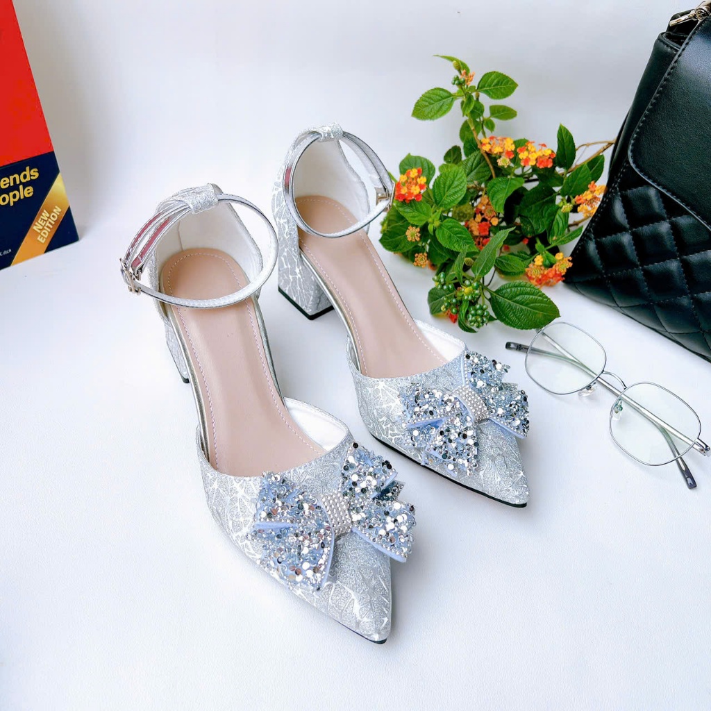 HB11- Giày cao gót hậu bít, nơ kim sa, size 35-40, gót 3-7cm