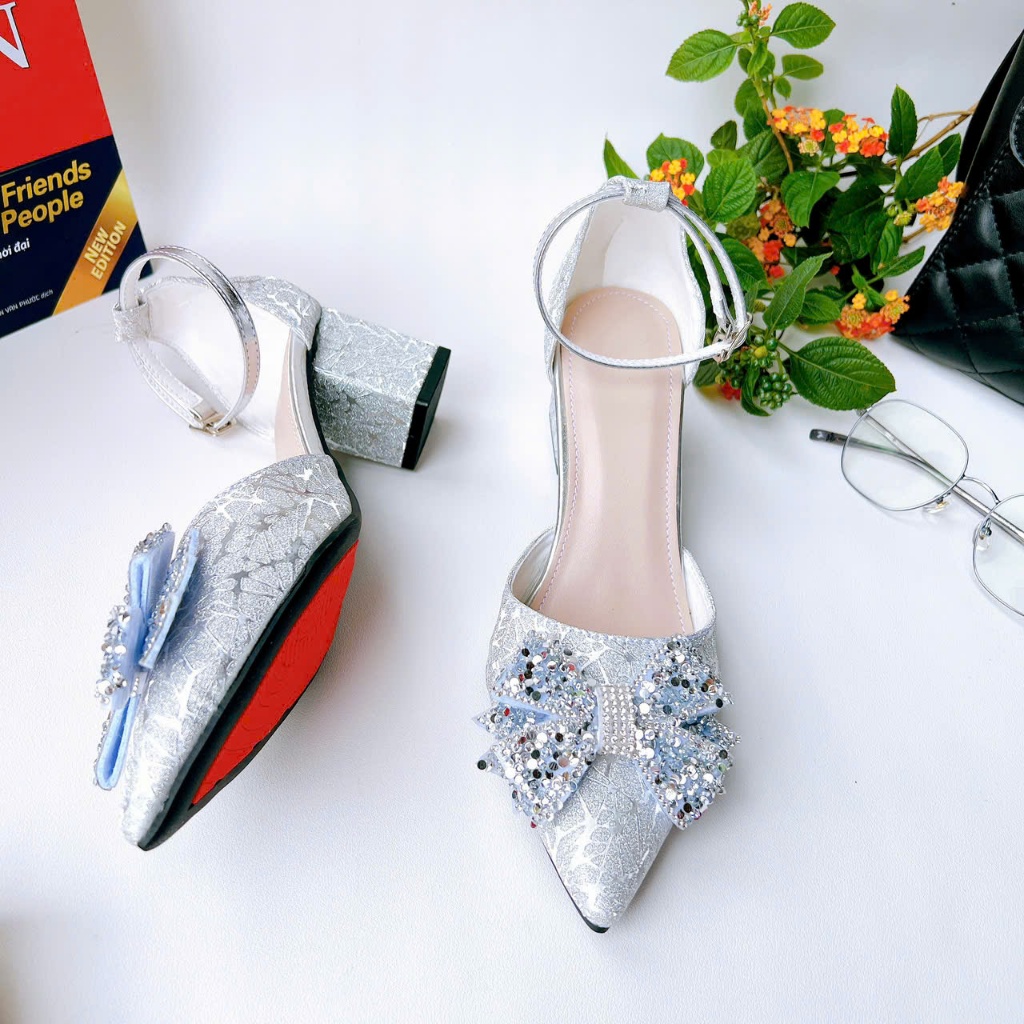 HB11- Giày cao gót hậu bít, nơ kim sa, size 35-40, gót 3-7cm