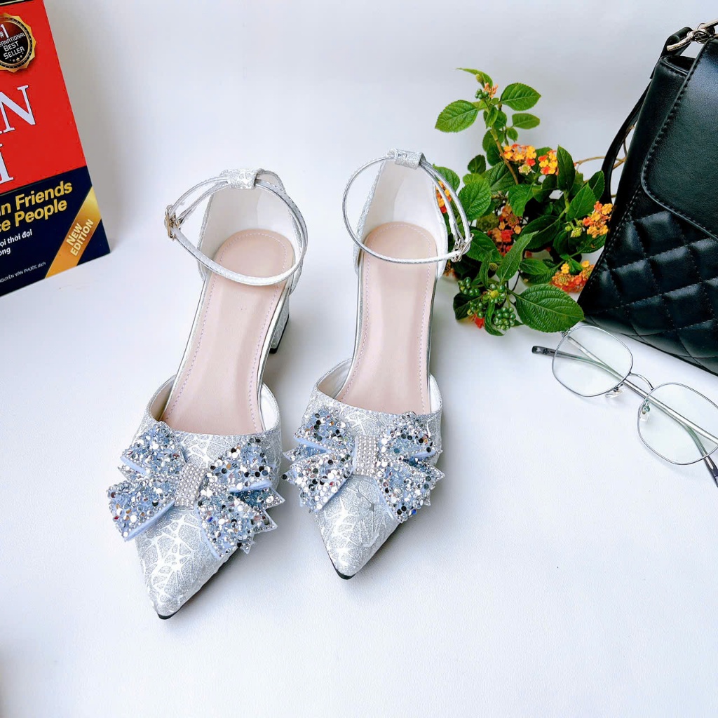 HB11- Giày cao gót hậu bít, nơ kim sa, size 35-40, gót 3-7cm