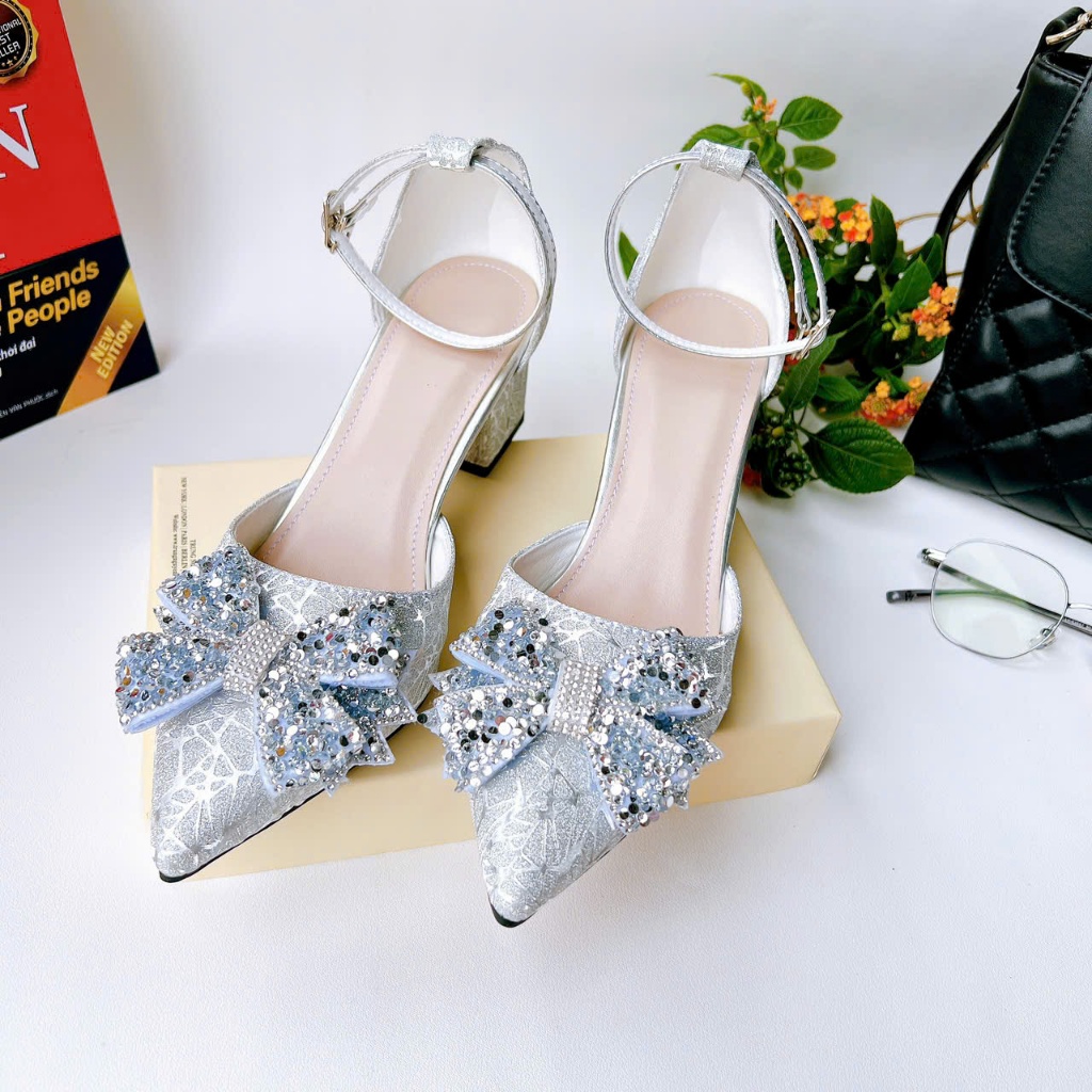 HB11- Giày cao gót hậu bít, nơ kim sa, size 35-40, gót 3-7cm