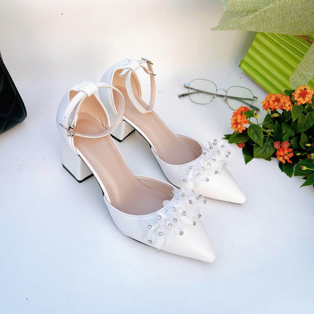 HB12- Giày cao gót hậu bít, nơ voan ngọc, size 35-40, gót 3-7cm