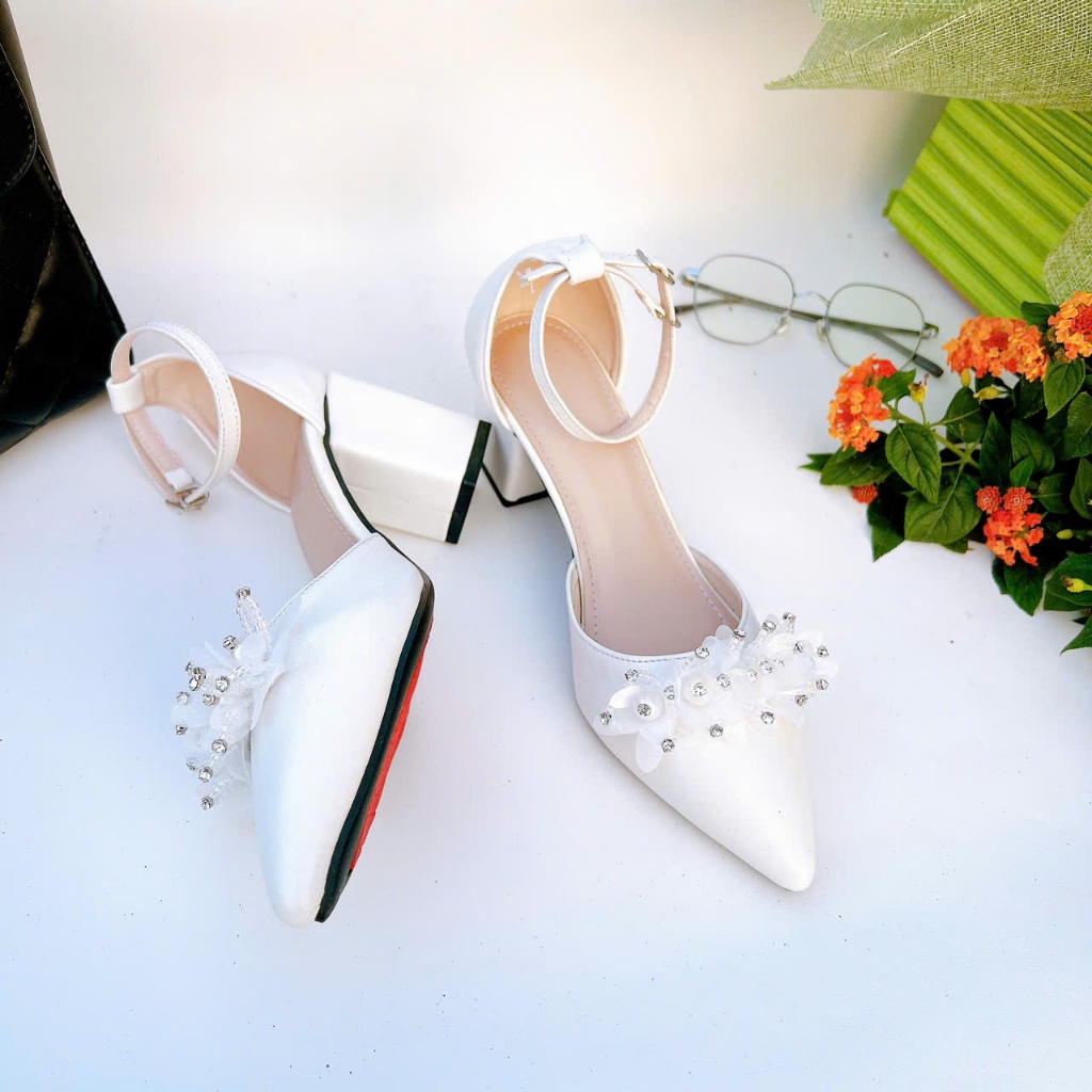 HB12- Giày cao gót hậu bít, nơ voan ngọc, size 35-40, gót 3-7cm