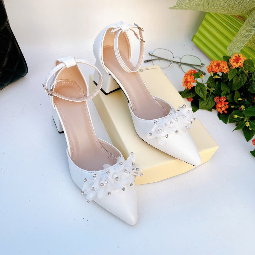 HB12- Giày cao gót hậu bít, nơ voan ngọc, size 35-40, gót 3-7cm