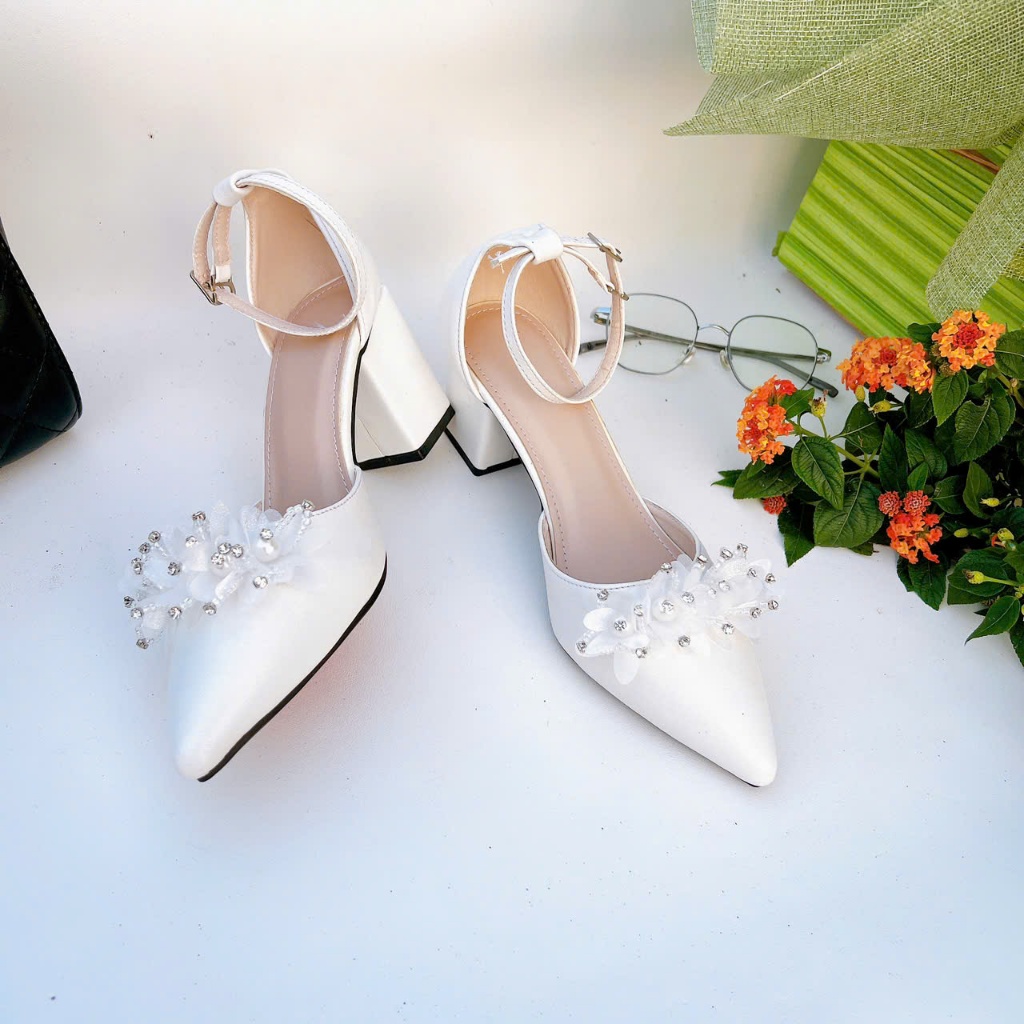 HB12- Giày cao gót hậu bít, nơ voan ngọc, size 35-40, gót 3-7cm