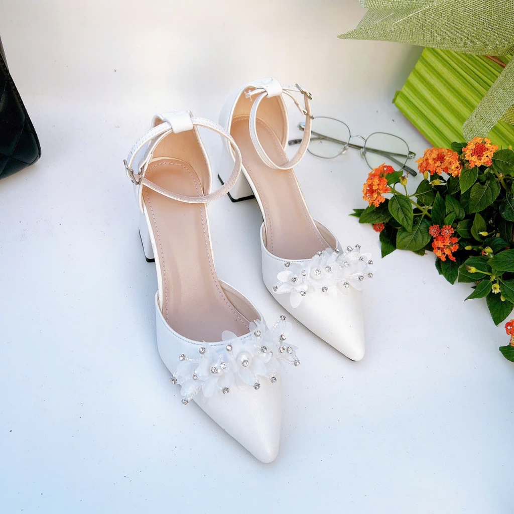 HB12- Giày cao gót hậu bít, nơ voan ngọc, size 35-40, gót 3-7cm