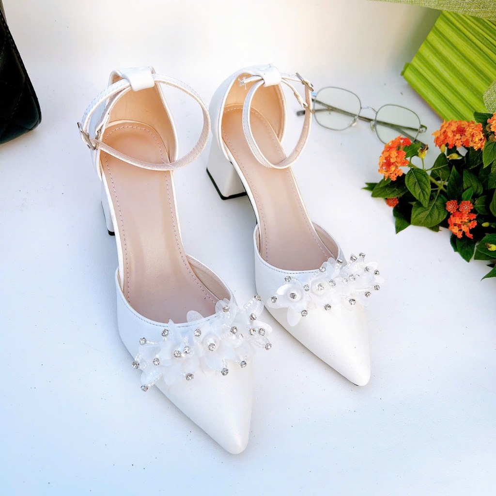 HB12- Giày cao gót hậu bít, nơ voan ngọc, size 35-40, gót 3-7cm