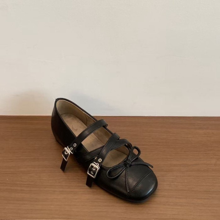 Họa Tiết Da Báo Bên Trong Tăng Chiều Cao Giày Khóa Chữ Thập Vuông Mũi Mary Jane Giày Nữ Nông Flat B