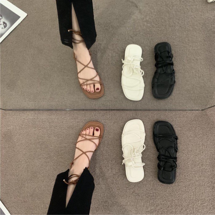 La Mã Giày Sandal Nữ Mùa Hè Ins Đa Năng Đáy Bằng Sinh Viên Phong Cách Hàn Quốc Thiết Kế Quai Cổ Tíc