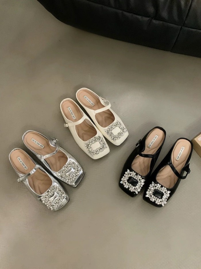 Mary Jane Baotou Nửa Dép Nữ Tăng Chiều Cao Giày Đơn Khóa Vuông Kim Cương Giả Đế Dày Dép