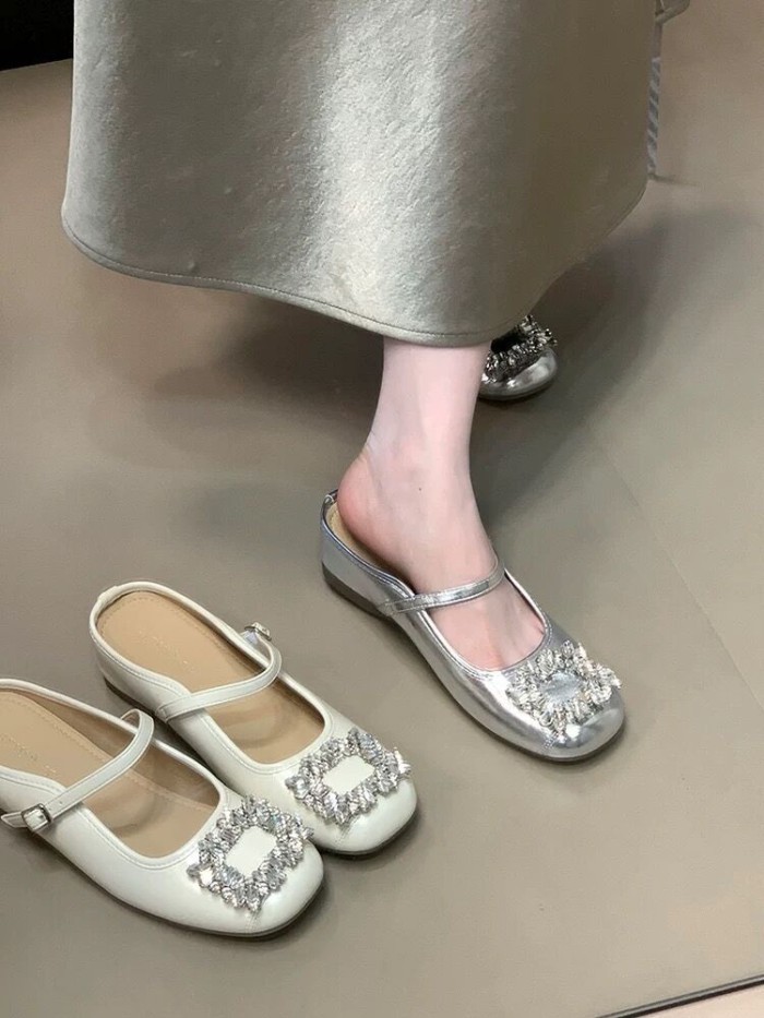 Mary Jane Baotou Nửa Dép Nữ Tăng Chiều Cao Giày Đơn Khóa Vuông Kim Cương Giả Đế Dày Dép