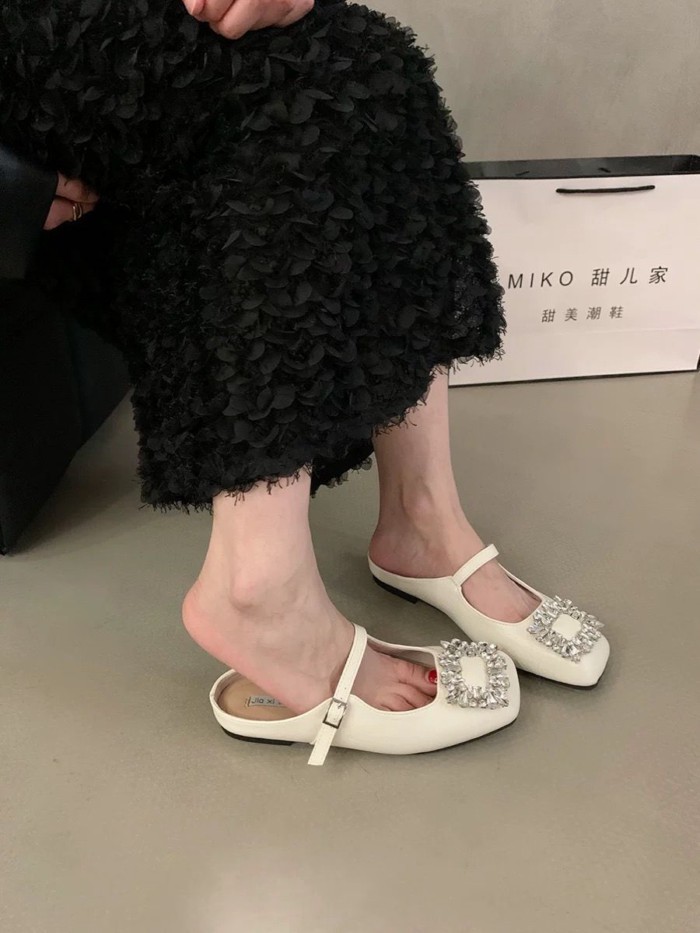 Mary Jane Baotou Nửa Dép Nữ Tăng Chiều Cao Giày Đơn Khóa Vuông Kim Cương Giả Đế Dày Dép