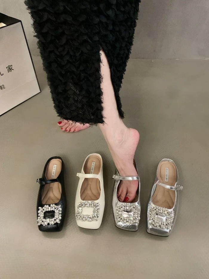 Mary Jane Baotou Nửa Dép Nữ Tăng Chiều Cao Giày Đơn Khóa Vuông Kim Cương Giả Đế Dày Dép
