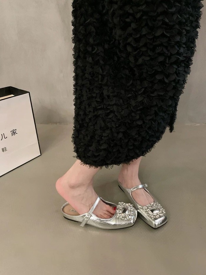 Mary Jane Baotou Nửa Dép Nữ Tăng Chiều Cao Giày Đơn Khóa Vuông Kim Cương Giả Đế Dày Dép