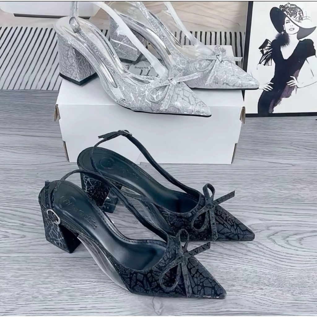 | Bigsize 35 - 41 | Giầy cao gót chất kim tuyến phối mica trong hoạ tiết nơ trang trí siêu xinh B08
