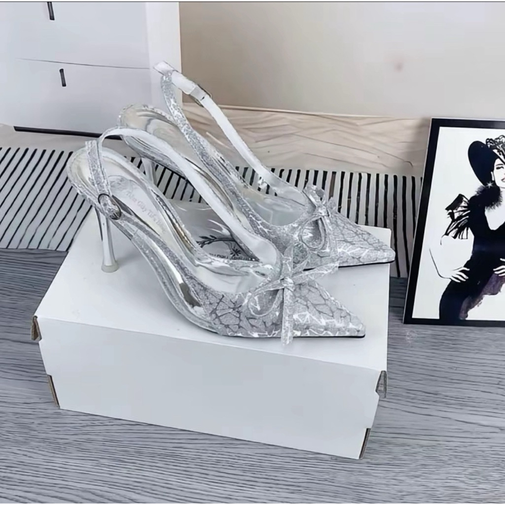 | Bigsize 35 - 41 | Giầy cao gót chất kim tuyến phối mica trong hoạ tiết nơ trang trí siêu xinh B08