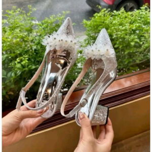 Bigsize 35-41 Giầy cao gót mũi nhọn hậu khoá cài chất da kim tuyến anh kim gắn nơ bông mai đính đá gót cao 5-9p mã B18