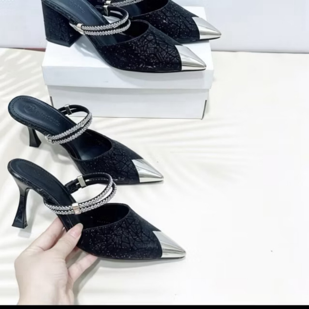 Bigsize 35-41 Giầy sục bọc mũi mạ vàng chất da kim tuyến ánh kim mềm êm hậu dây đá gót cao 5p 7p 9p mã B17