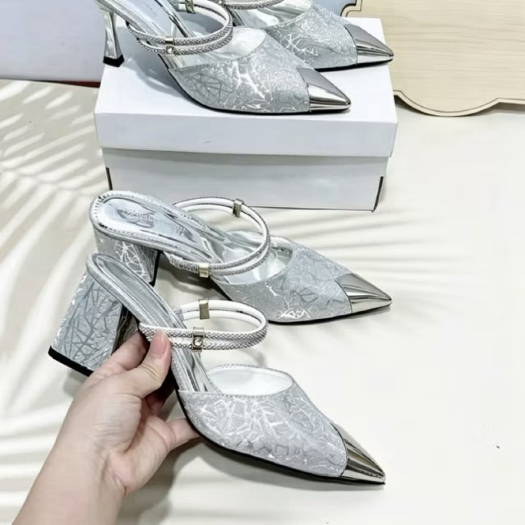 Bigsize 35-41 Giầy sục bọc mũi mạ vàng chất da kim tuyến ánh kim mềm êm hậu dây đá gót cao 5p 7p 9p mã B17