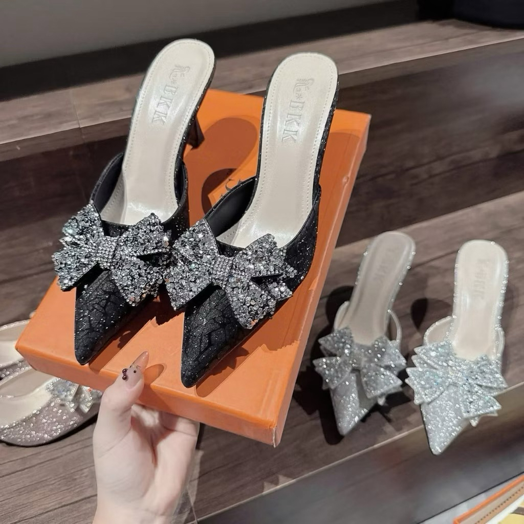Bigsize 35-41 Guốc sục chất da kim tuyến ánh kim gắn nơ đá gót nhon & vuông cao 5-9cm B16