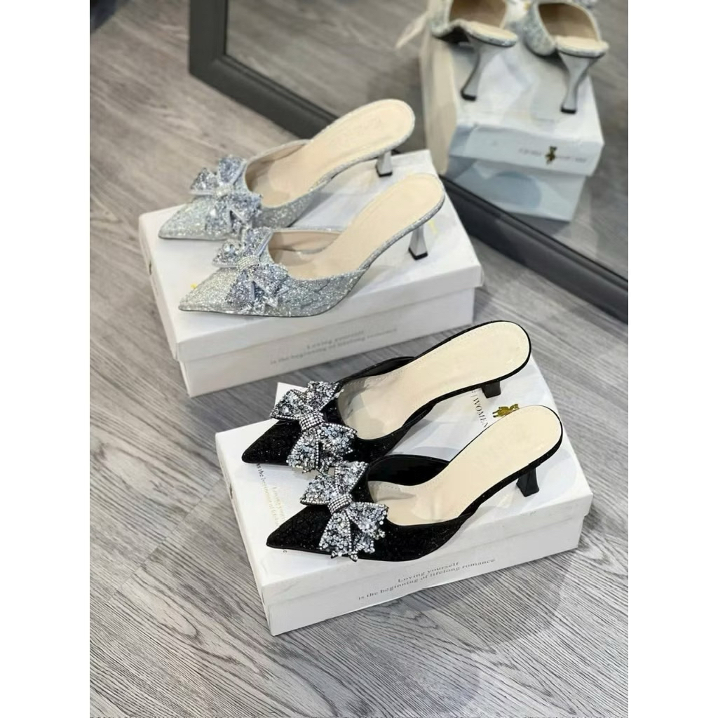 Bigsize 35-41 Guốc sục chất da kim tuyến ánh kim gắn nơ đá gót nhon & vuông cao 5-9cm B16