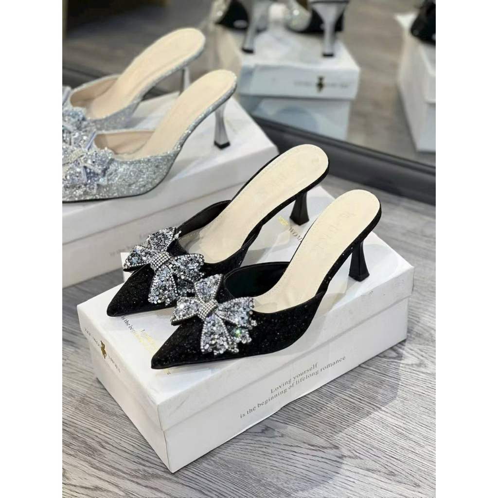 Bigsize 35-41 Guốc sục chất da kim tuyến ánh kim gắn nơ đá gót nhon & vuông cao 5-9cm B16
