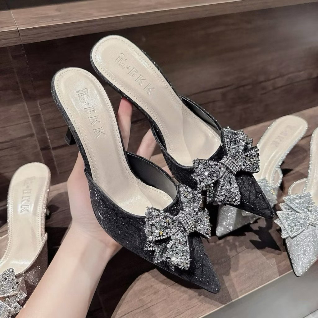 Bigsize 35-41 Guốc sục chất da kim tuyến ánh kim gắn nơ đá gót nhon & vuông cao 5-9cm B16