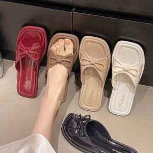 Dép Nữ Thời Trang Mùa Hè Đế Bệt Quai Ngang Đính Nơ Xinh Phong Cách Sang Chảnh