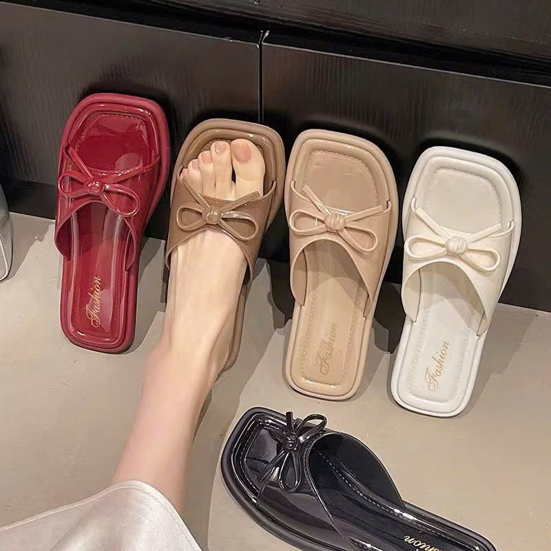 Dép Nữ Thời Trang Mùa Hè Đế Bệt Quai Ngang Đính Nơ Xinh Phong Cách Sang Chảnh