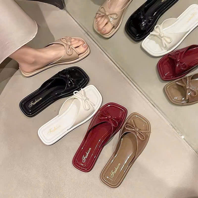 Dép Nữ Thời Trang Mùa Hè Đế Bệt Quai Ngang Đính Nơ Xinh Phong Cách Sang Chảnh