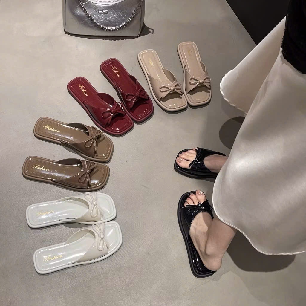 Dép Nữ Thời Trang Mùa Hè Đế Bệt Quai Ngang Đính Nơ Xinh Phong Cách Sang Chảnh