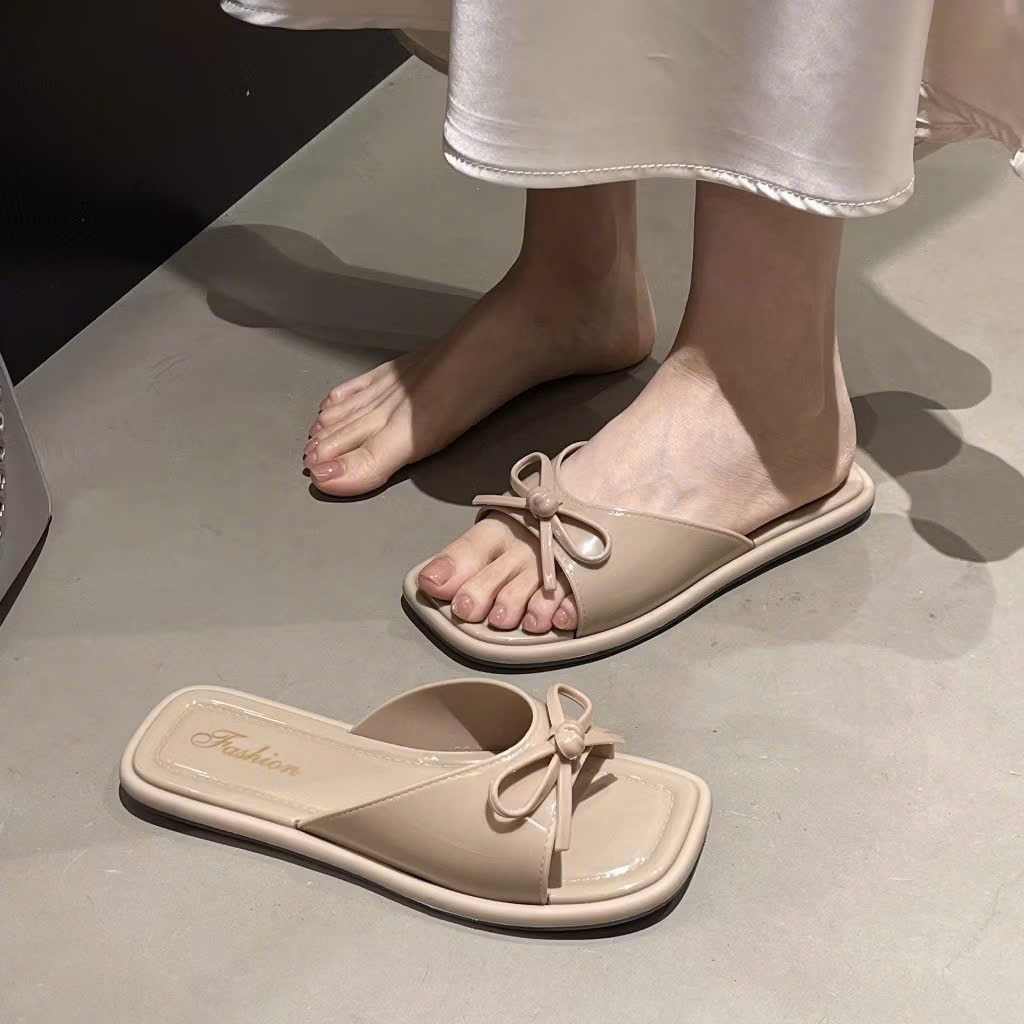 Dép Nữ Thời Trang Mùa Hè Đế Bệt Quai Ngang Đính Nơ Xinh Phong Cách Sang Chảnh