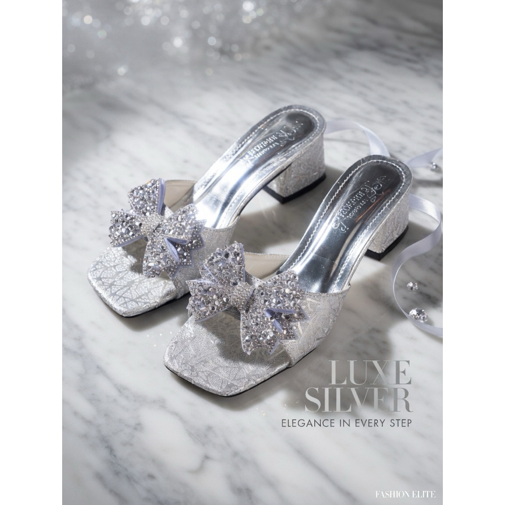 Dép lê bản gắn nơ đính đá chất da kim tuyến mềm gót 5 -7cm mã B10