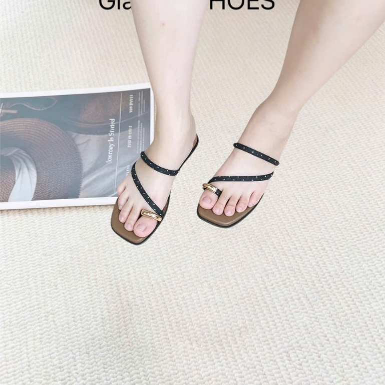 dép Nữ Xỏ Ngón Chấm Bi TN SHOES, Dép Quai Mảnh Phối Khóa Kim Loại Mũi Vuông Êm Chân Đi Chơi Đi Biển DX01