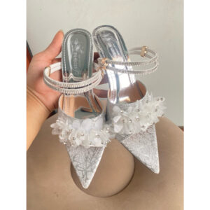 [size 35-41 ] Guốc cao gót mũi nhọn quai bản gắn nơ hoa mai đính đá hậu dây đá chất da kim tuyến gót cao 5-7cm mã B13